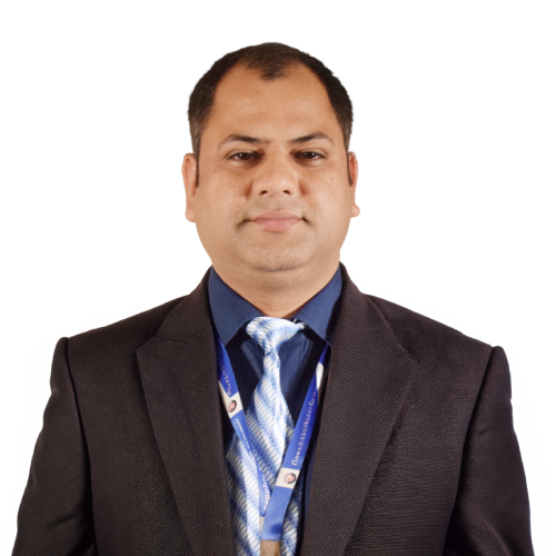 diwakar-upadhaya-cse-hld Portrait of a man in a dark suit, blue shirt, and striped blue tie wearing a lanyard against a white background, looking at the camera.