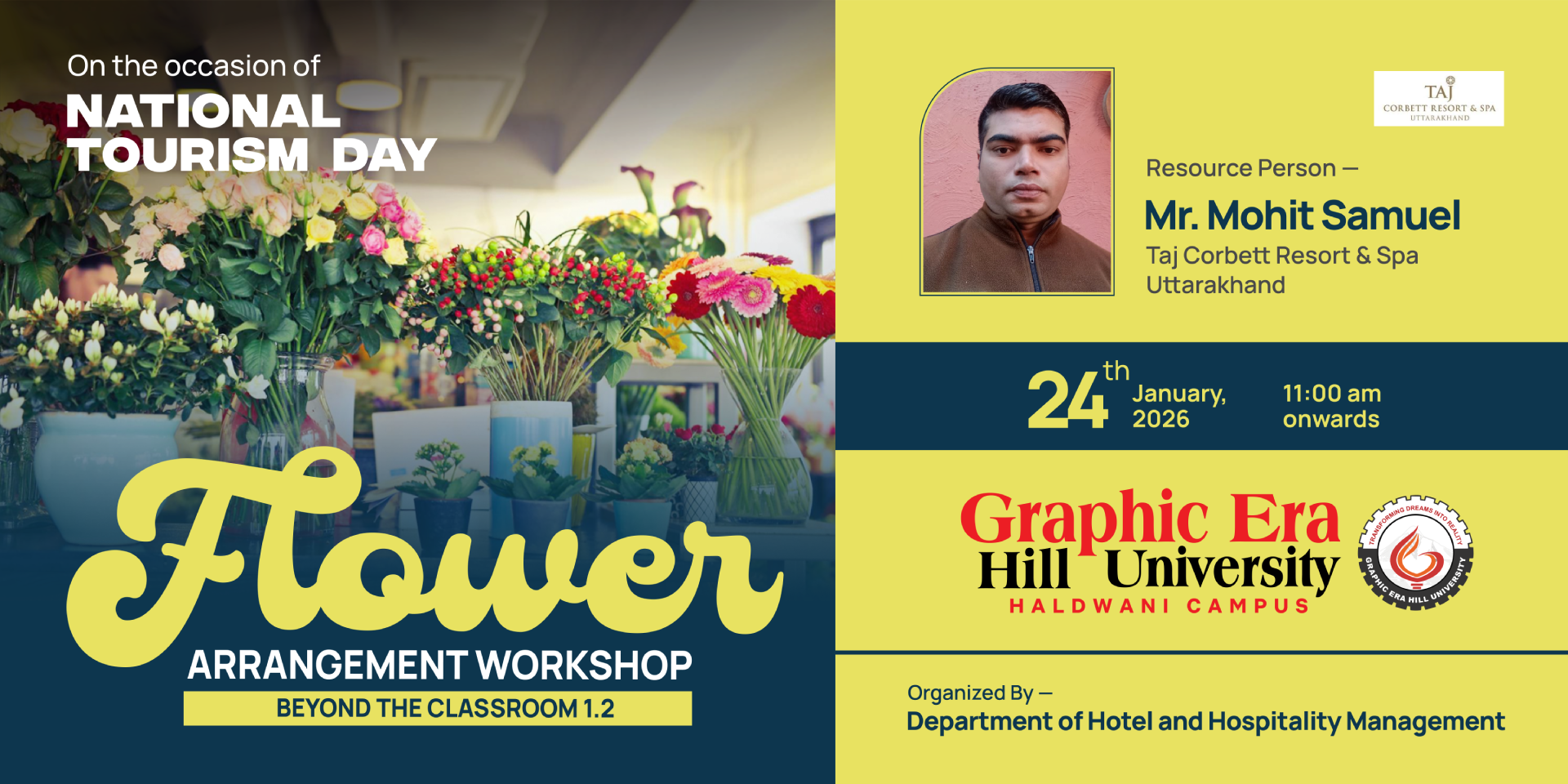 Poster announcing National Tourism Day Flower Arrangement Workshop, with colorful bouquets on the left and event details on the right.