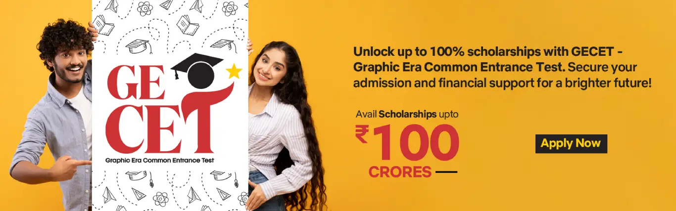 Promotional banner for GECET scholarships: large GE CET logo, two students on a yellow background, and an Apply Now button with ₹100 crores text.