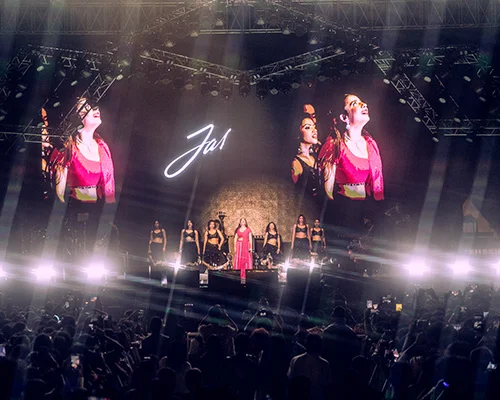 Live concert scene with a female singer in a pink outfit center stage, surrounded by backup dancers, and bright lights and large screens showing her image.